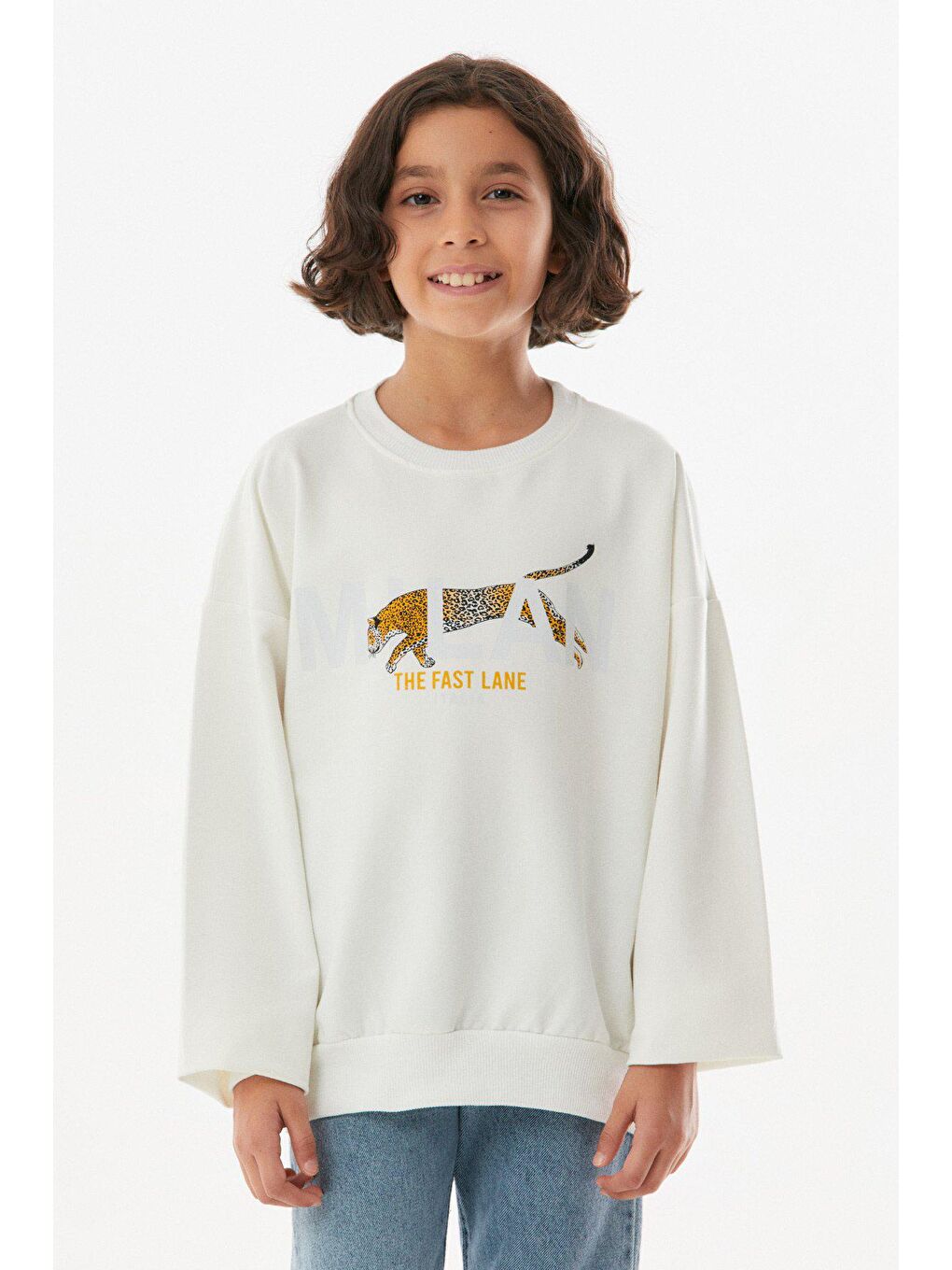 Ekru Baskılı Bisiklet Yaka Unisex Sweatshirt