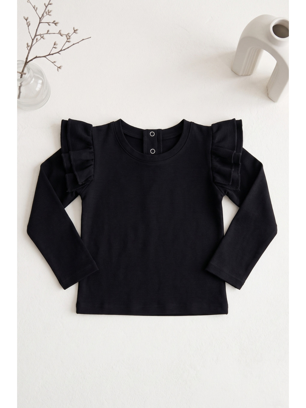 Kız Çocuk Siyah Omuz Fırfırlı Body Sweatshirt 23 Nisan 29 Ekim Yılbaşı Gösteri Kıyafeti-3