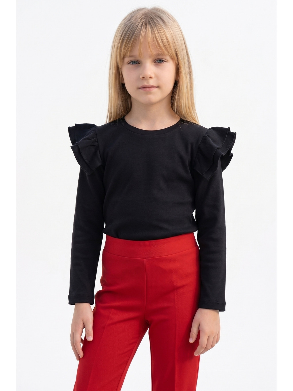 Kız Çocuk Siyah Omuz Fırfırlı Body Sweatshirt 23 Nisan 29 Ekim Yılbaşı Gösteri Kıyafeti-4