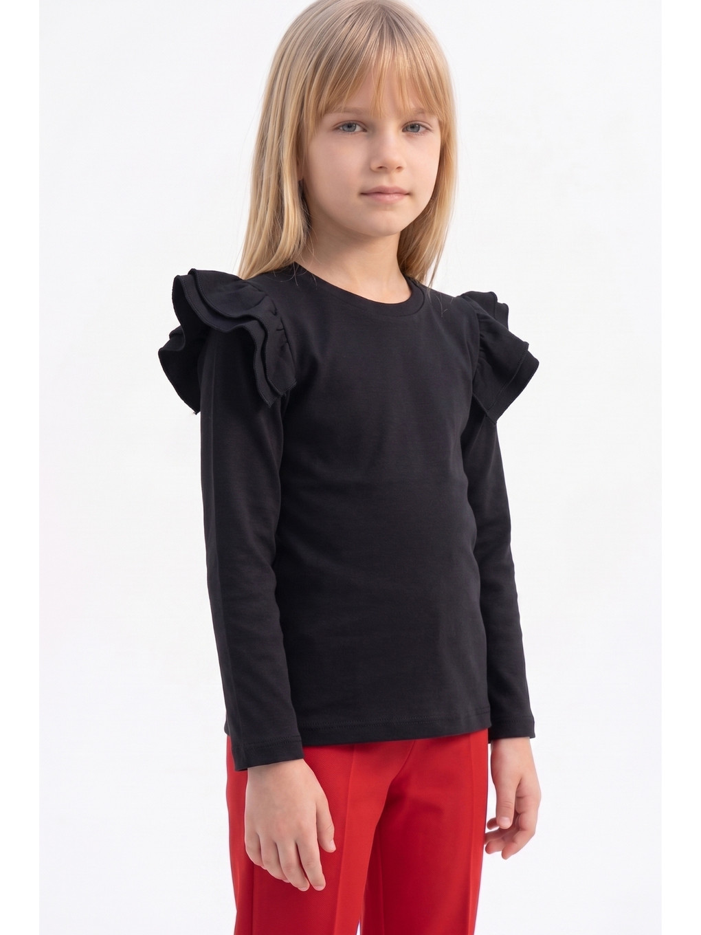 Kız Çocuk Siyah Omuz Fırfırlı Body Sweatshirt 23 Nisan 29 Ekim Yılbaşı Gösteri Kıyafeti-5