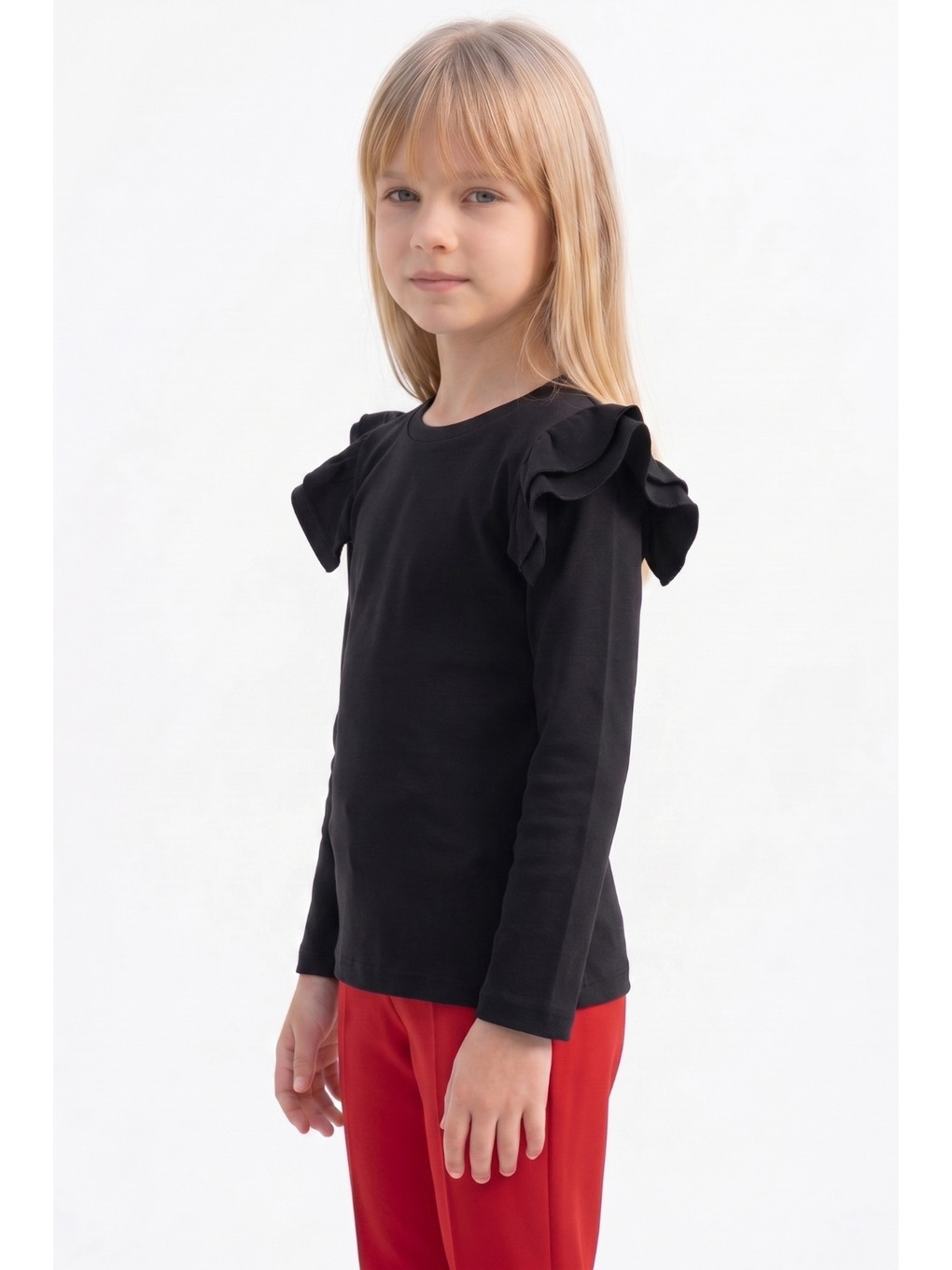 Kız Çocuk Siyah Omuz Fırfırlı Body Sweatshirt 23 Nisan 29 Ekim Yılbaşı Gösteri Kıyafeti-6