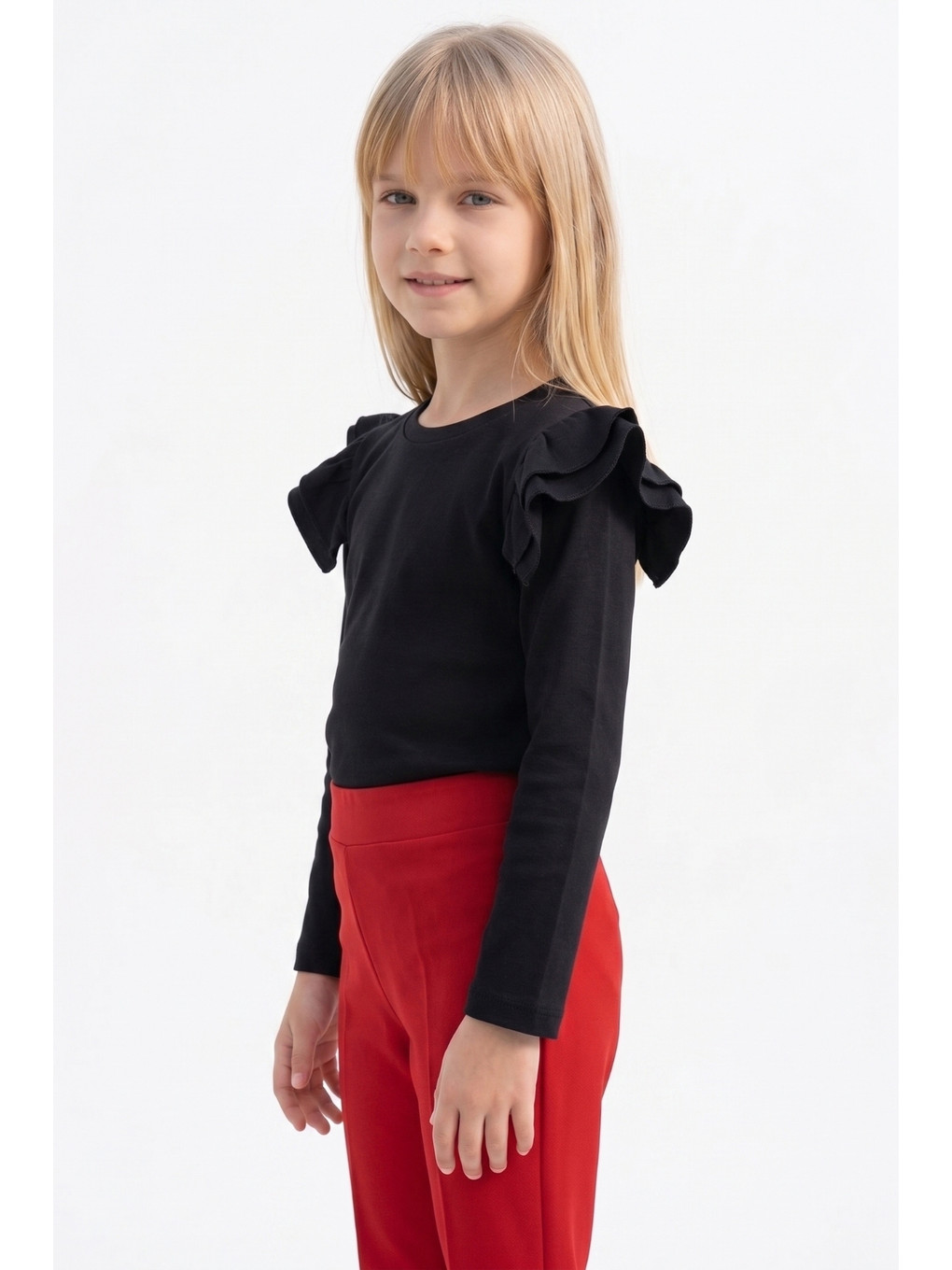 Kız Çocuk Siyah Omuz Fırfırlı Body Sweatshirt 23 Nisan 29 Ekim Yılbaşı Gösteri Kıyafeti-7