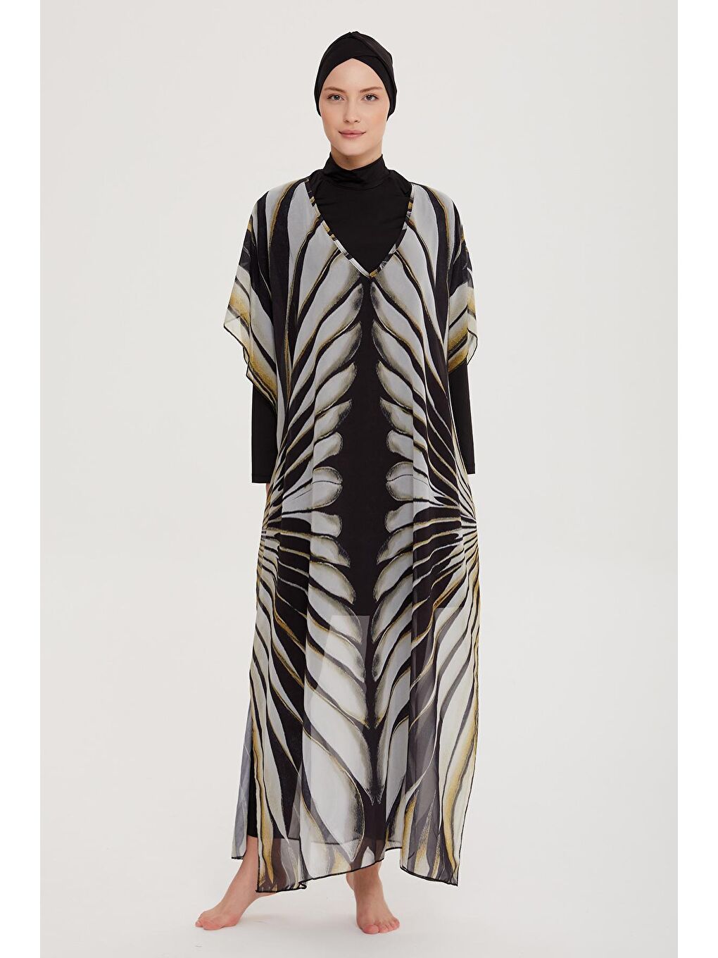 Siyah Tesettür Mayo Üzerine Tasarım Tek Kaftan Pareo RDP004 Kanatlar-5
