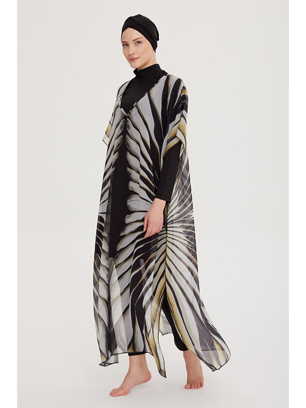 Siyah Tesettür Mayo Üzerine Tasarım Tek Kaftan Pareo RDP004 Kanatlar-6