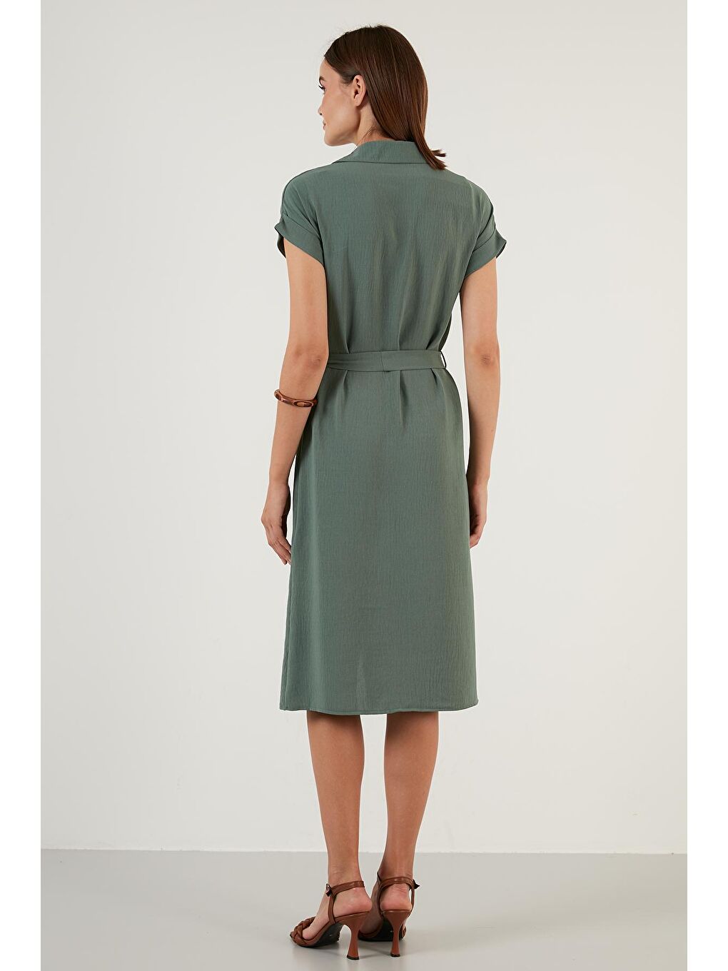 Yeşil Gömlek Yaka Belden Bağlamalı Düğmeli Elbise 6235243-5