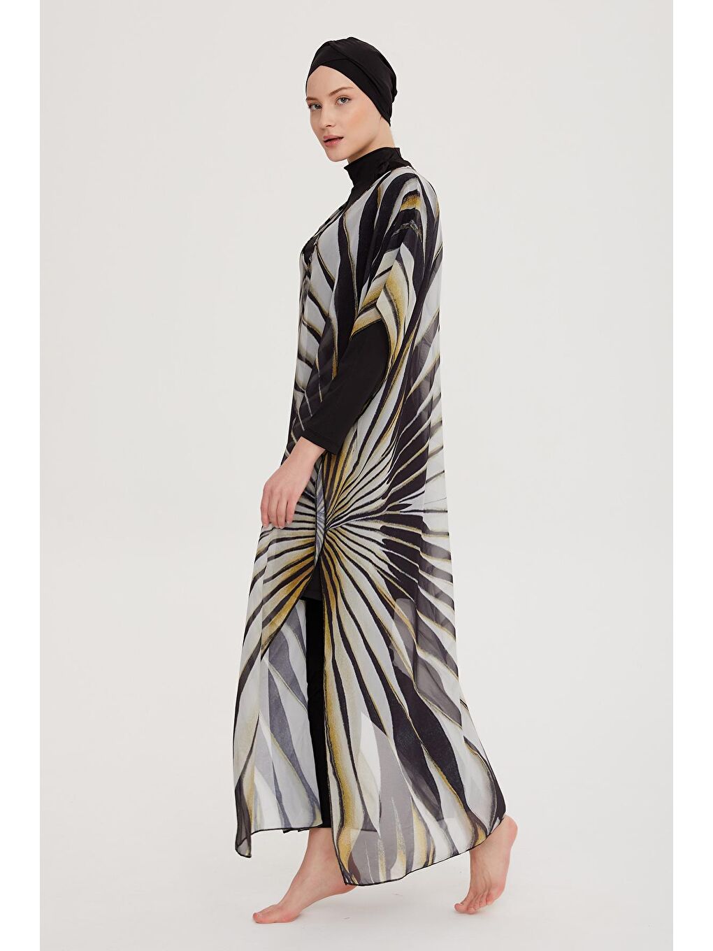 Siyah Tesettür Mayo Üzerine Tasarım Tek Kaftan Pareo RDP004 Kanatlar-7