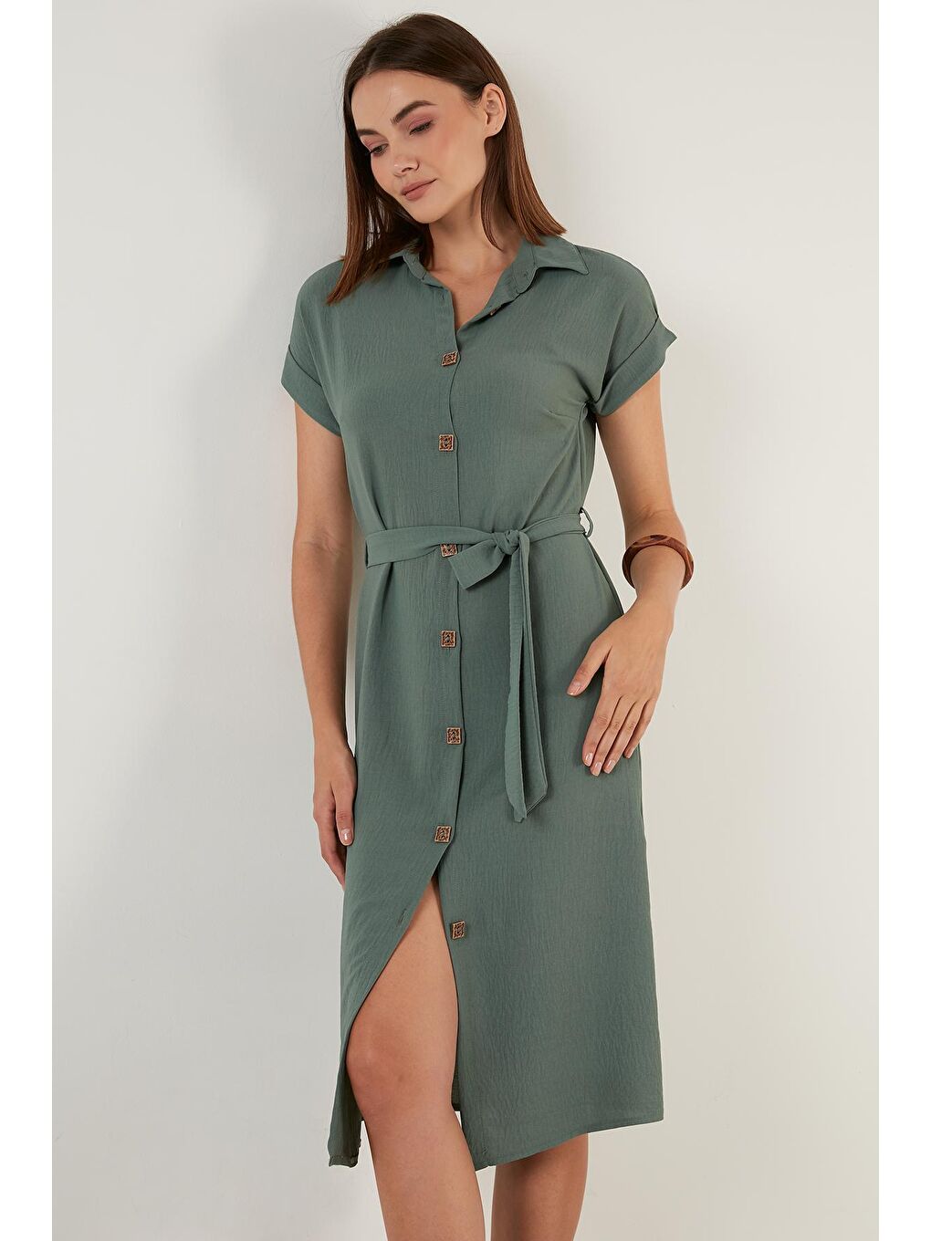 Yeşil Gömlek Yaka Belden Bağlamalı Düğmeli Elbise 6235243-6