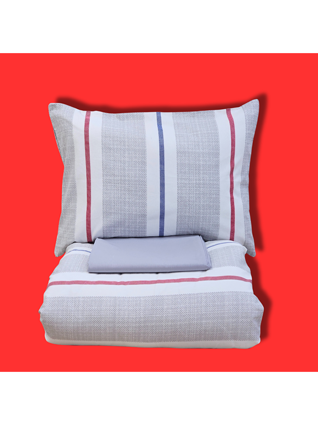 Karışık Çift Kişilik %100 Pamuk Gri Nevresim Takımı | Mavi & Kırmızı Çizgili | 4 Parça | Yumuşak Dokulu-2