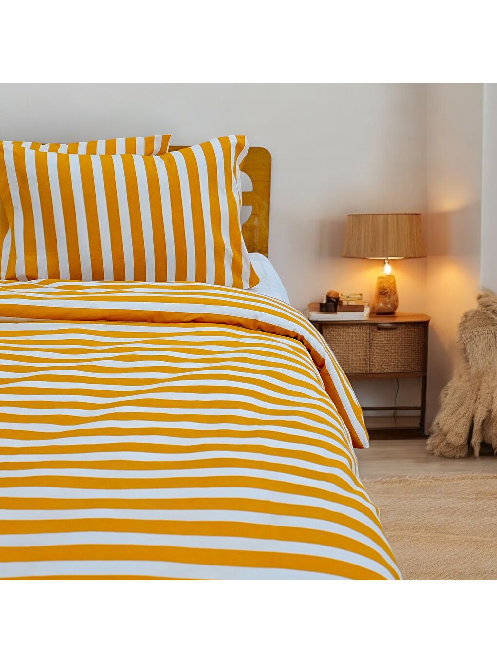Çift Kişilik %100 Pamuk Kalın Çizgili Nevresim Takımı | Hardal Sarı & Beyaz | 4 Parça | Yumuşak Doku