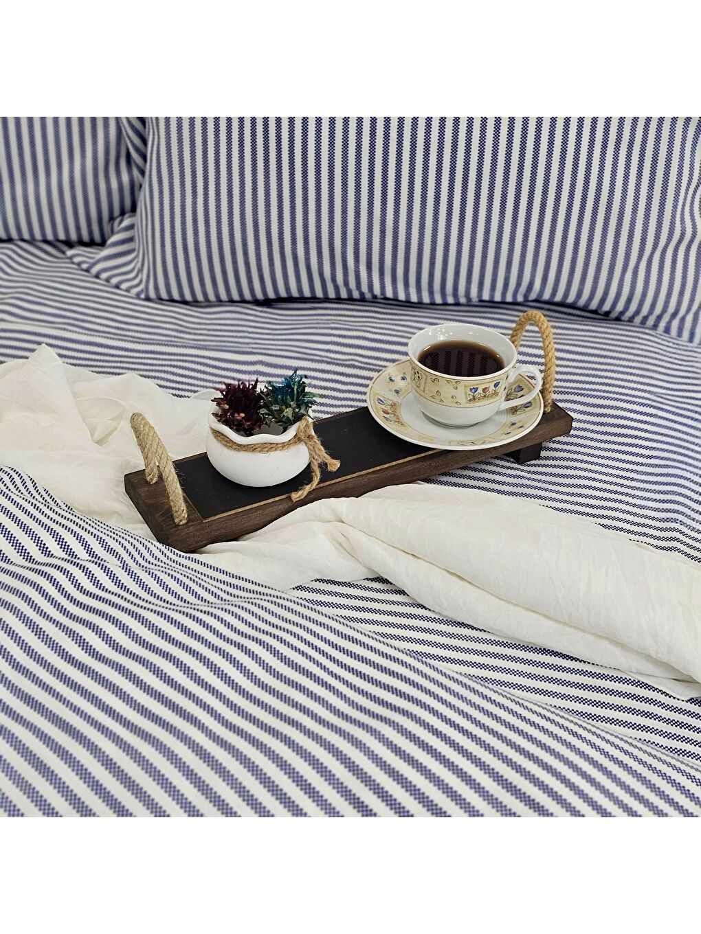 Karışık Çift Kişilik %100 Pamuk İnce Çizgili Nevresim Takımı | Lacivert & Beyaz | 4 Parça | Yumuşak Dokulu-2