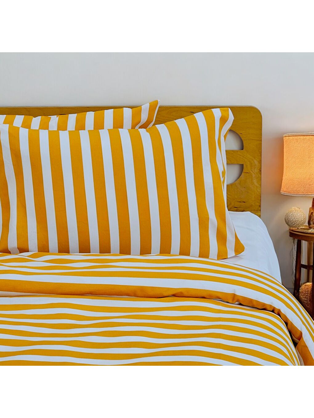 Çift Kişilik %100 Pamuk Kalın Çizgili Nevresim Takımı | Hardal Sarı & Beyaz | 4 Parça | Yumuşak Doku-1