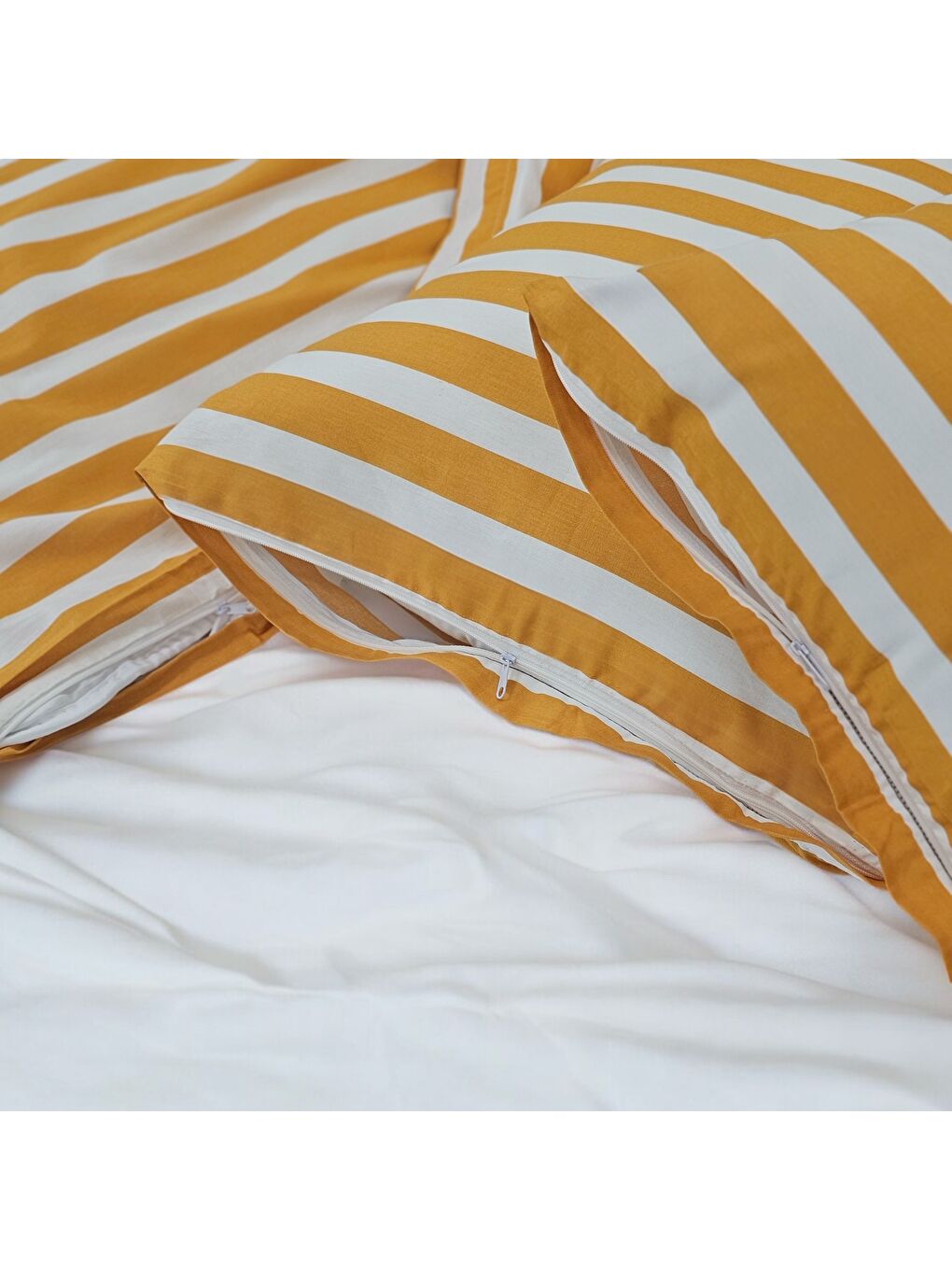 Çift Kişilik %100 Pamuk Kalın Çizgili Nevresim Takımı | Hardal Sarı & Beyaz | 4 Parça | Yumuşak Doku-3