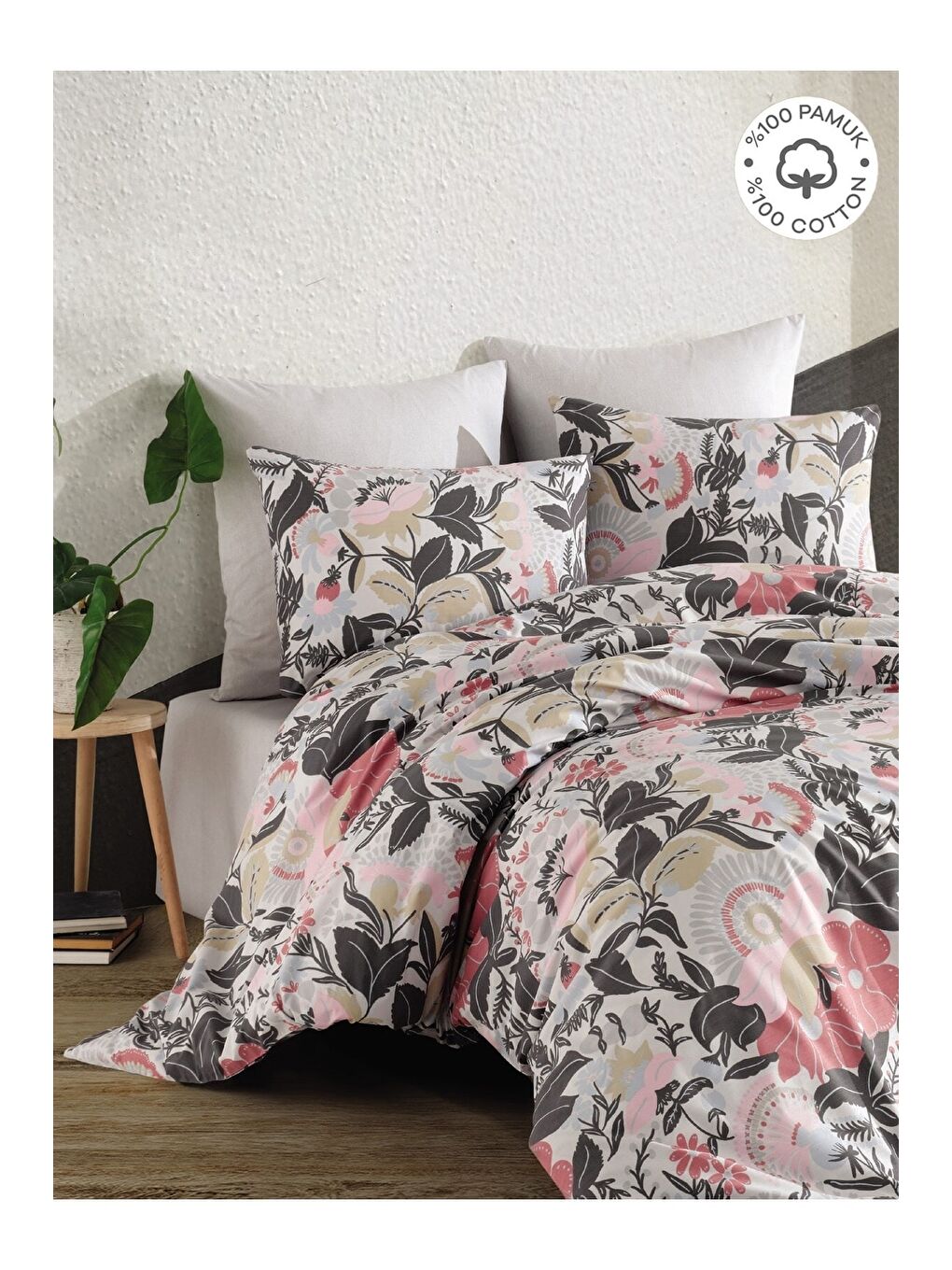 Pembe Nevresim Takımı - Yonca - Çift Kişilik - %100pamuk - Ranforce - 4 Yastık Kılıflı-1
