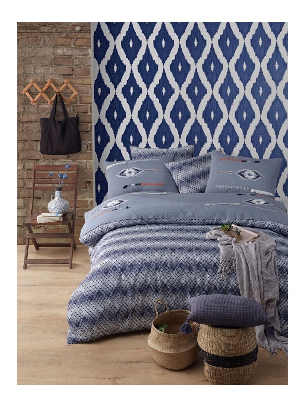 Mavi Çift Kişilik Nevresim Takımı - Kolay Ütülenir - Nakışlı - Denim - Çeyizlik - Kutulu