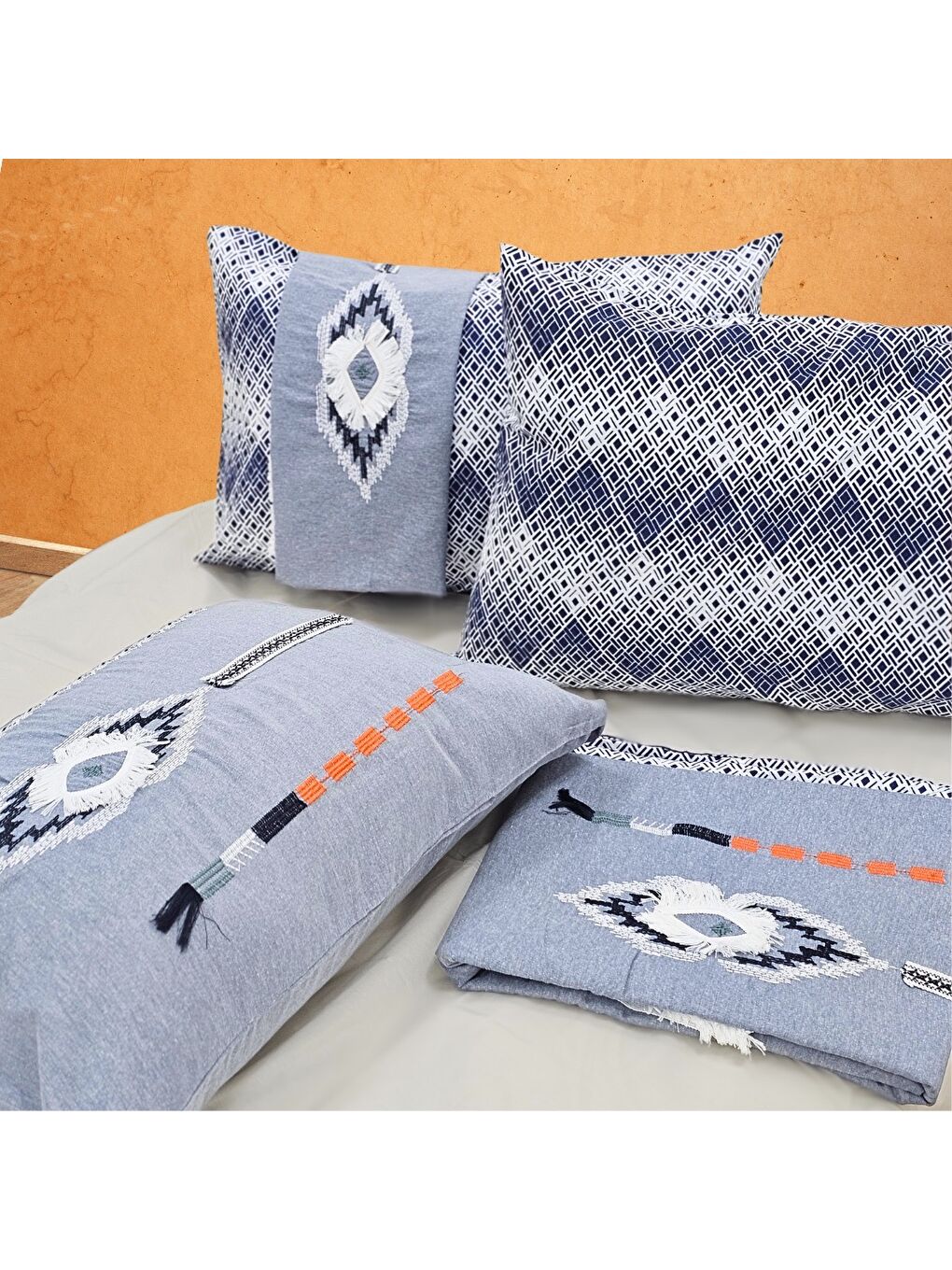 Mavi Çift Kişilik Nevresim Takımı - Kolay Ütülenir - Nakışlı - Denim - Çeyizlik - Kutulu-2