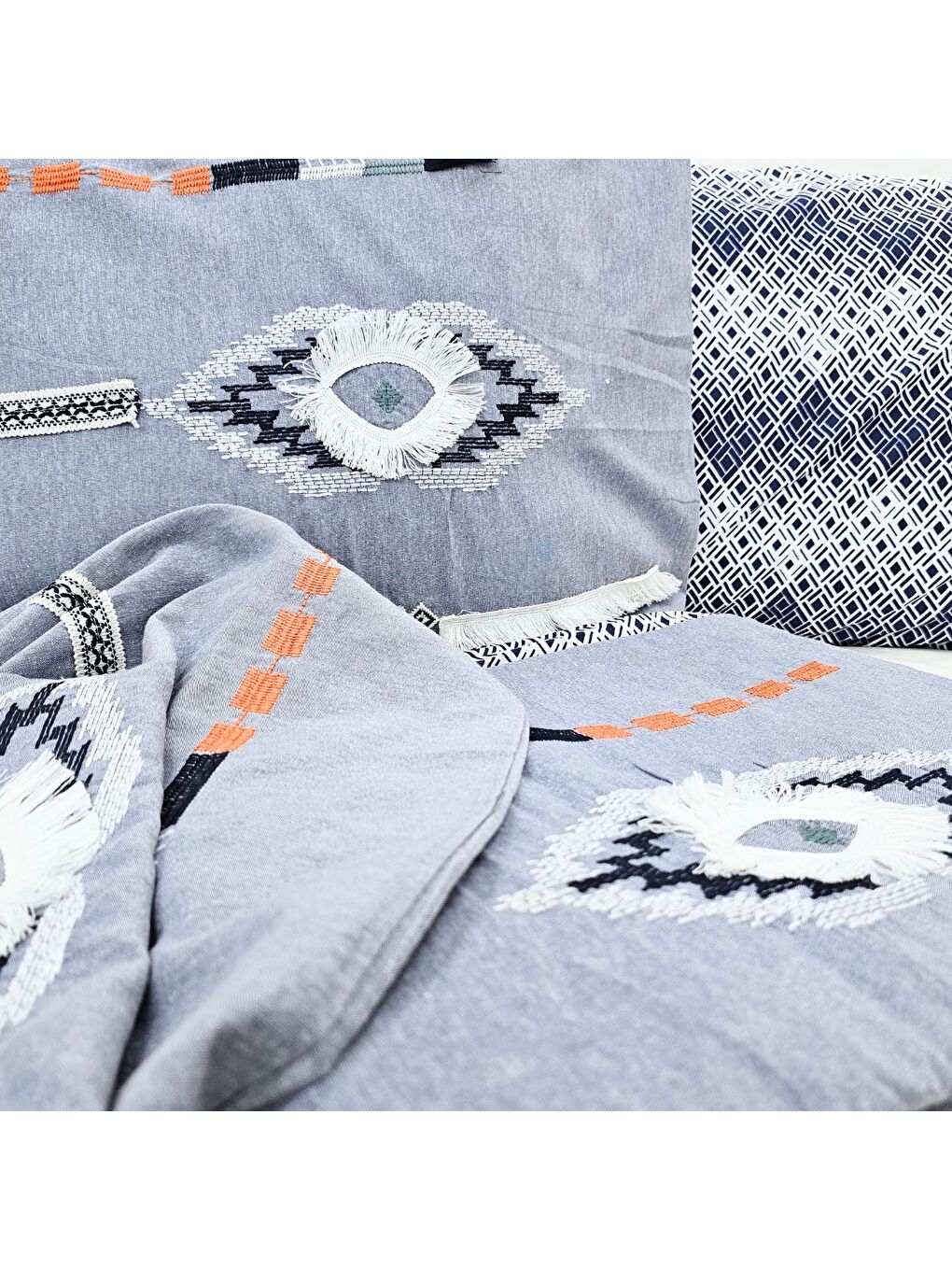 Mavi Çift Kişilik Nevresim Takımı - Kolay Ütülenir - Nakışlı - Denim - Çeyizlik - Kutulu-3