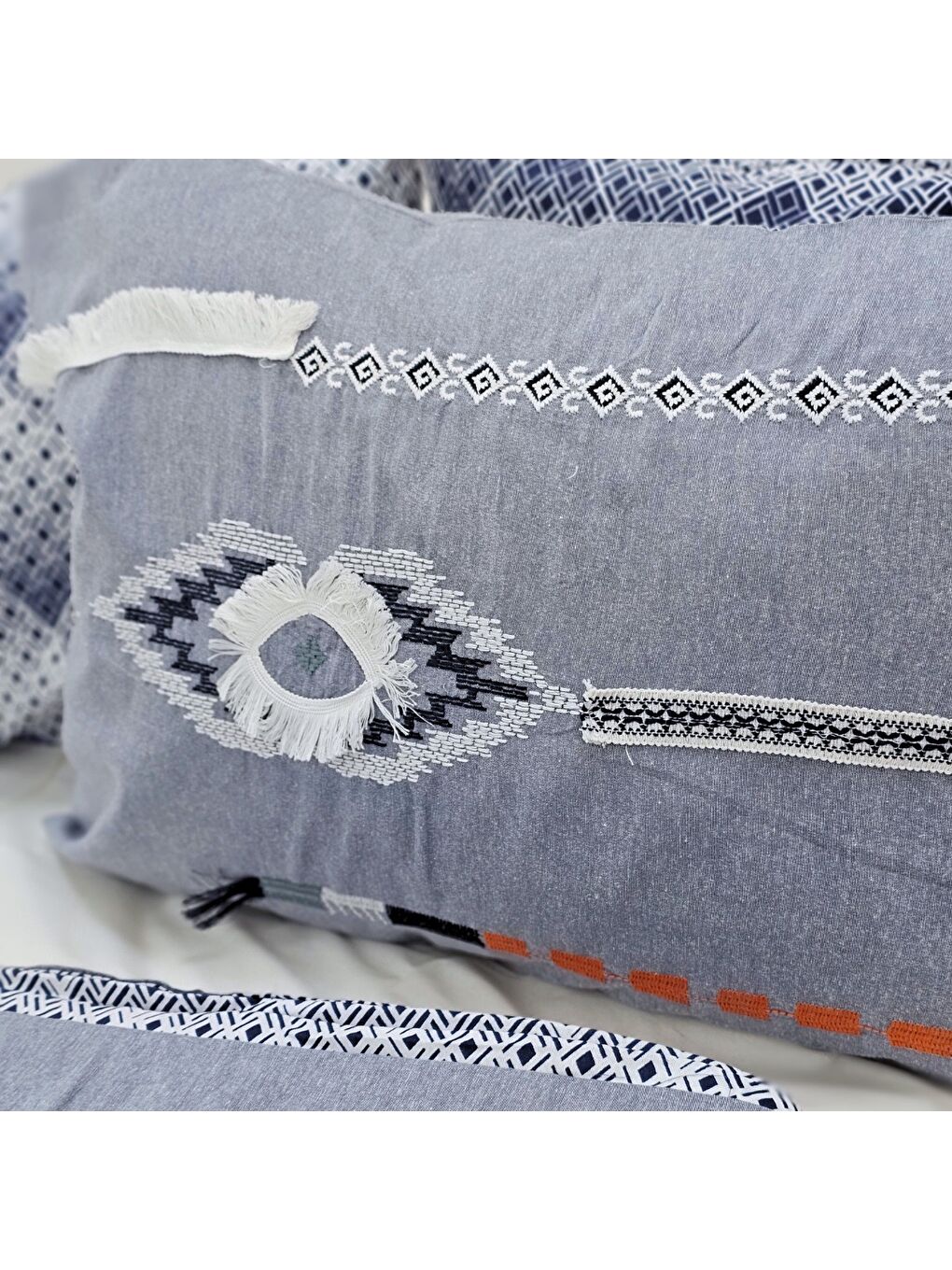 Mavi Çift Kişilik Nevresim Takımı - Kolay Ütülenir - Nakışlı - Denim - Çeyizlik - Kutulu-4