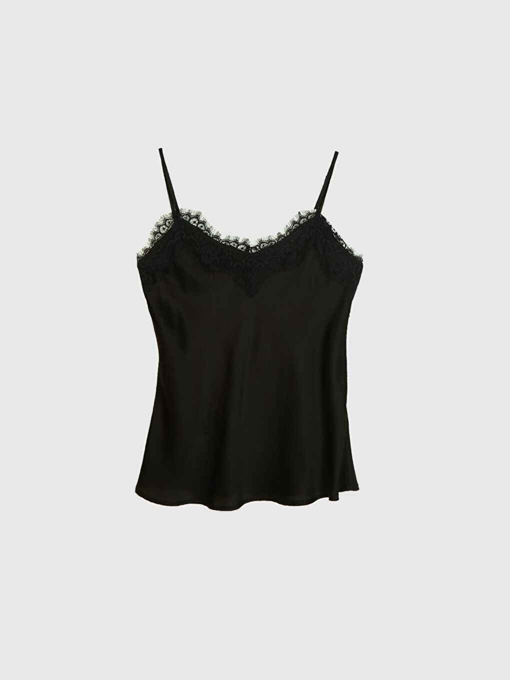 Kadın Siyah Viskoz Ve Liyosel Karışımlı Yakası Dantel Detaylı Askılı Bluz