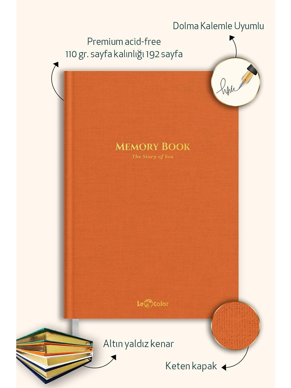 Keten Hatıra Defteri Dolma Kalem Uyumlu Altın Kenarlı Albüm Turuncu-1