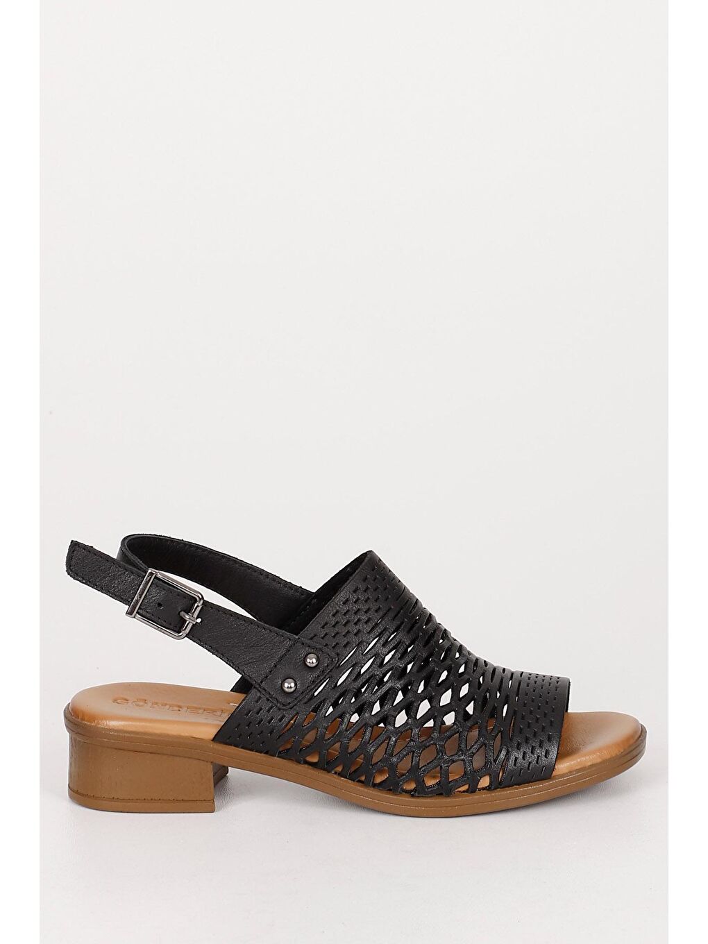 Siyah Hakiki Deri Kısa Kalın Topuklu Kadın Sandalet 45661-3