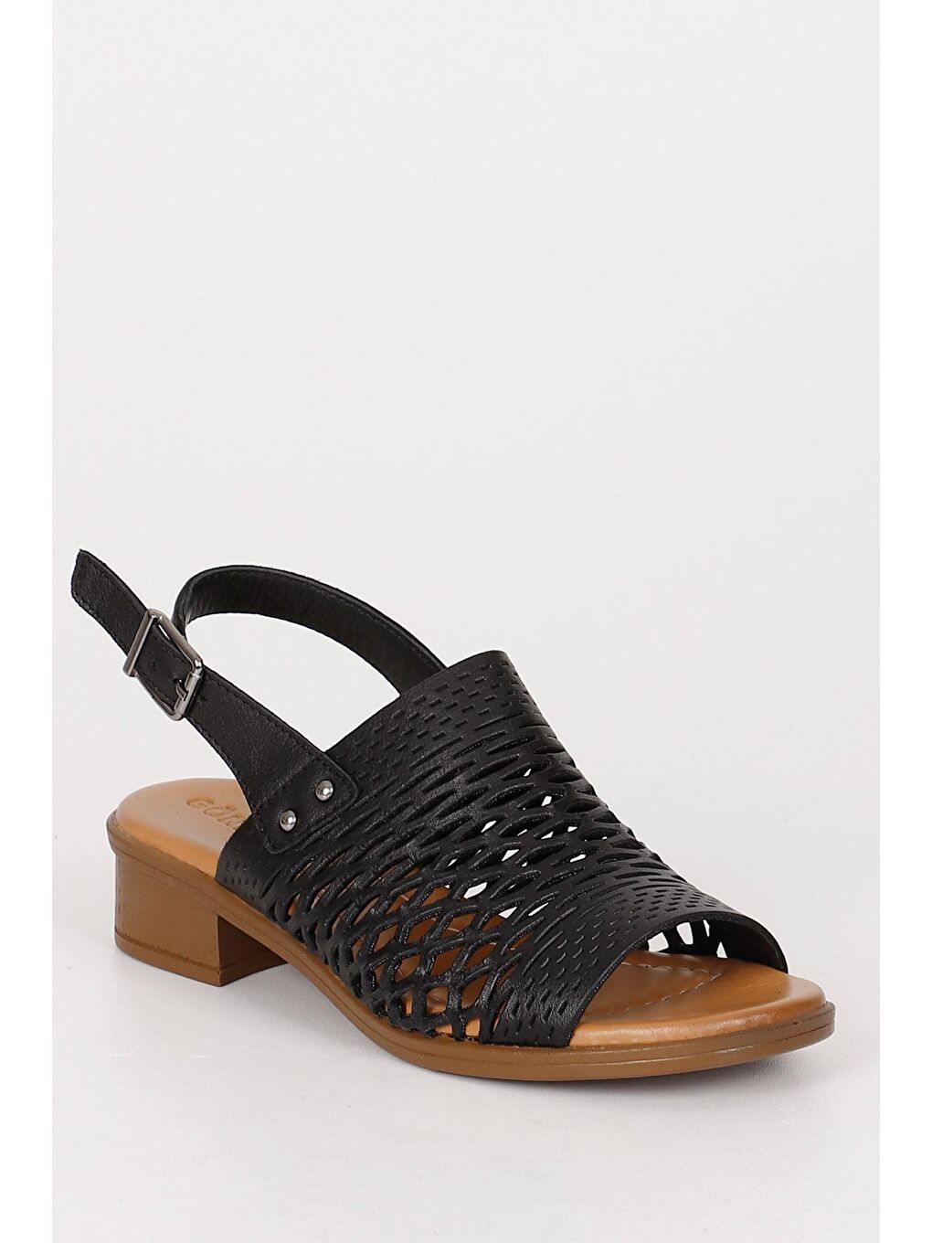 Siyah Hakiki Deri Kısa Kalın Topuklu Kadın Sandalet 45661-4