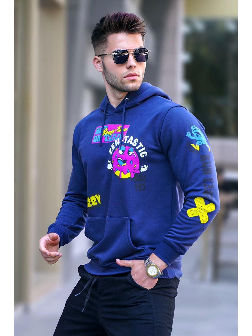 Madmext Lacivert Baskılı Kapüşonlu Sweatshirt 5896