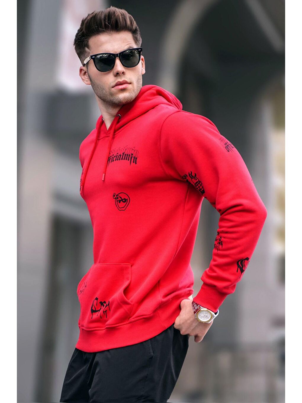 Madmext Kırmızı Baskılı Kapüşonlu Sweatshirt 5895