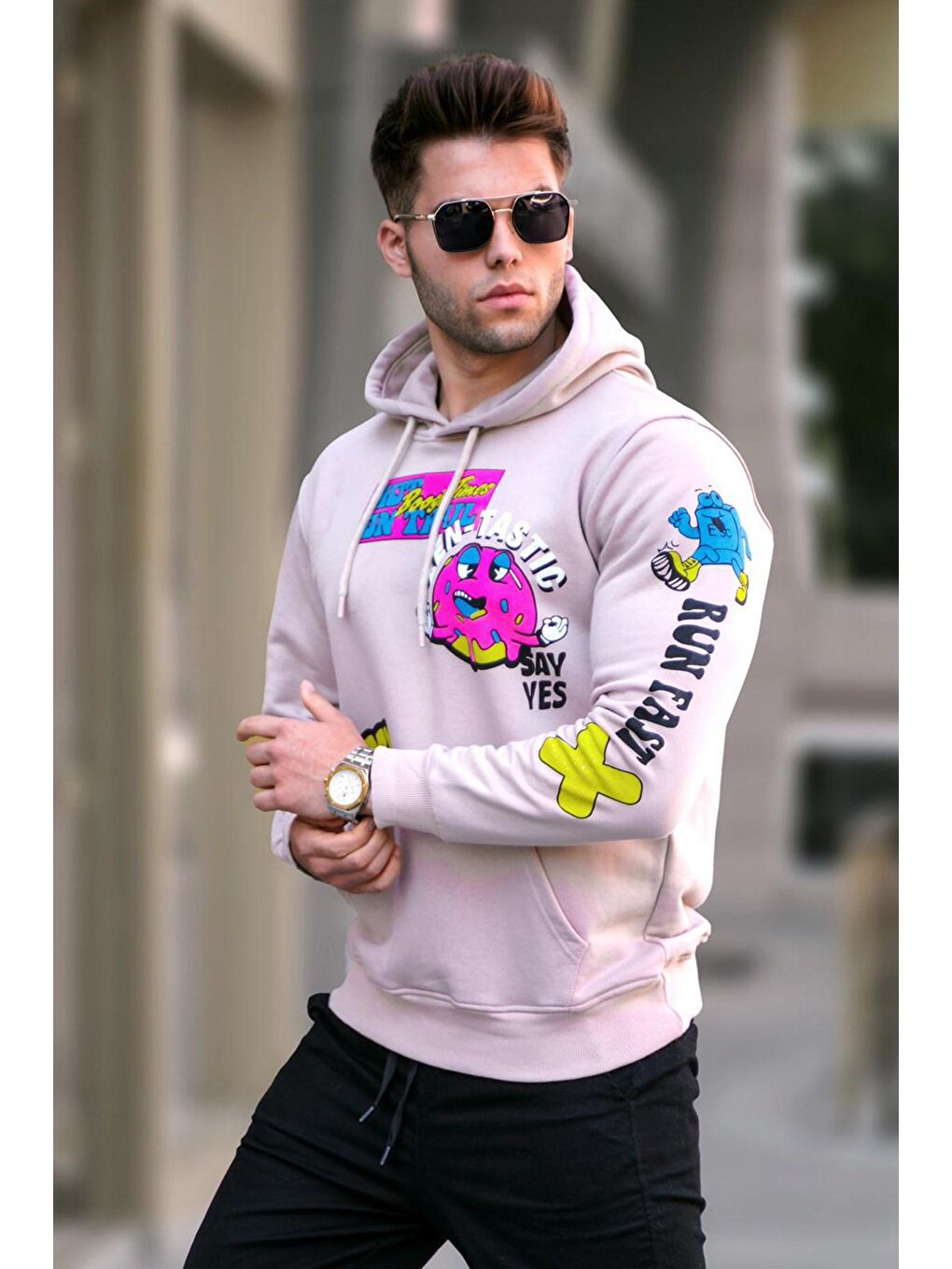 Madmext Bej Baskılı Kapüşonlu Sweatshirt 5896