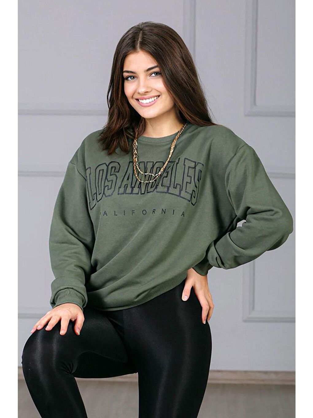 Haki Baskılı Oversize Kadın Sweatshirt Mg780-2