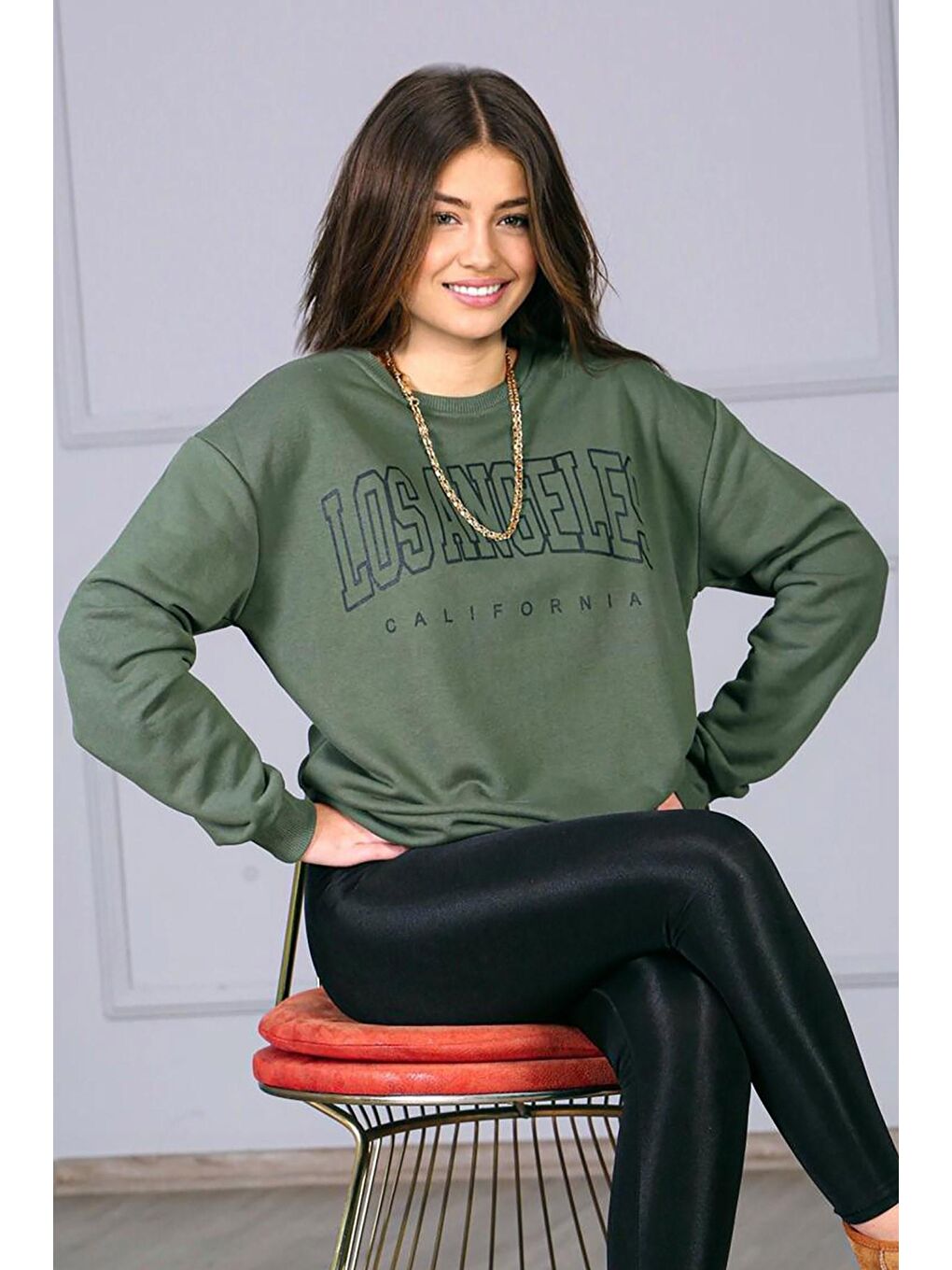 Haki Baskılı Oversize Kadın Sweatshirt Mg780-3