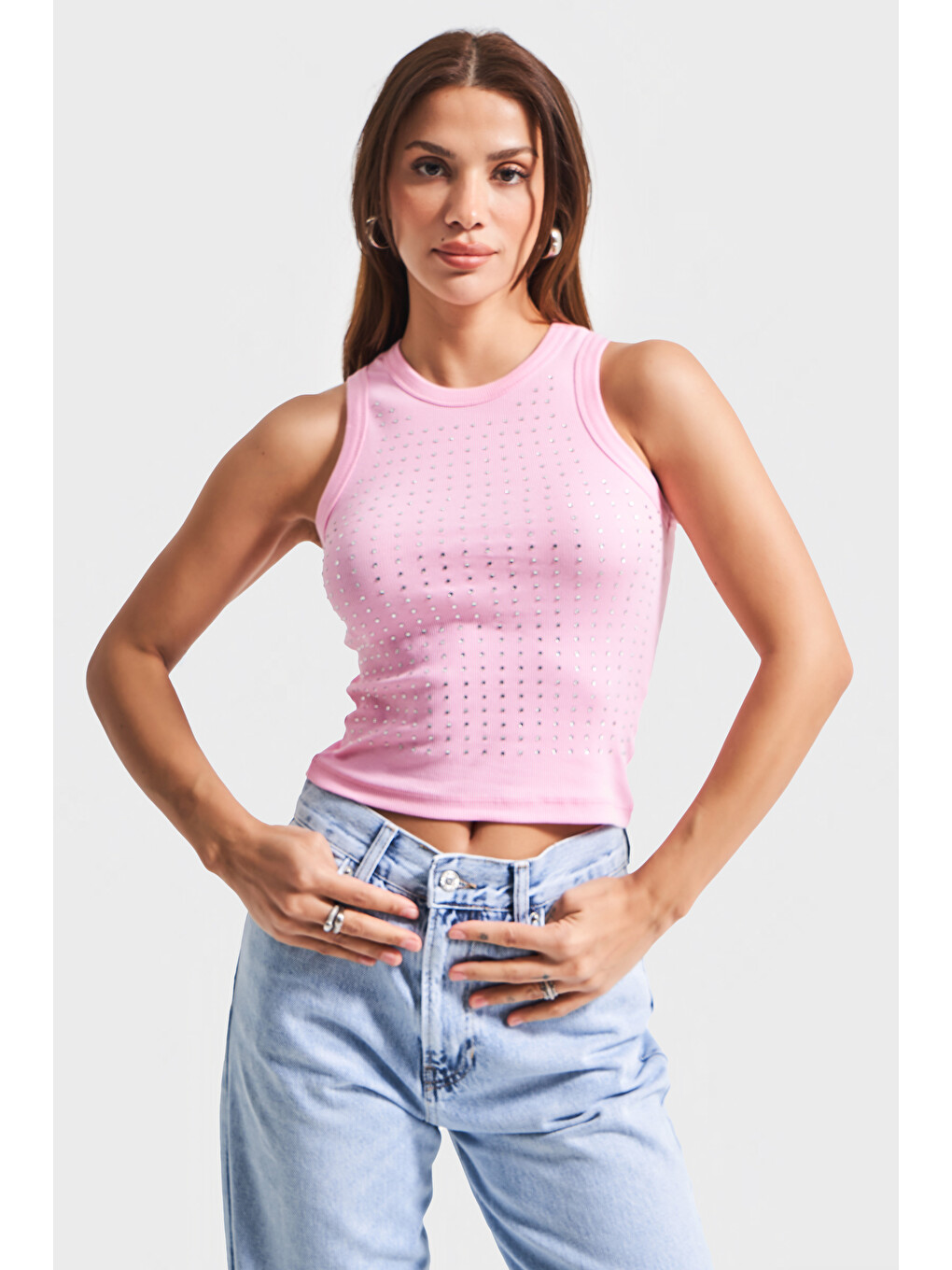 Kadın Pembe Renk S5-98 Halter Yaka İnce Fitilli Kumaş Parlak Taşlı Tasarım Body-3