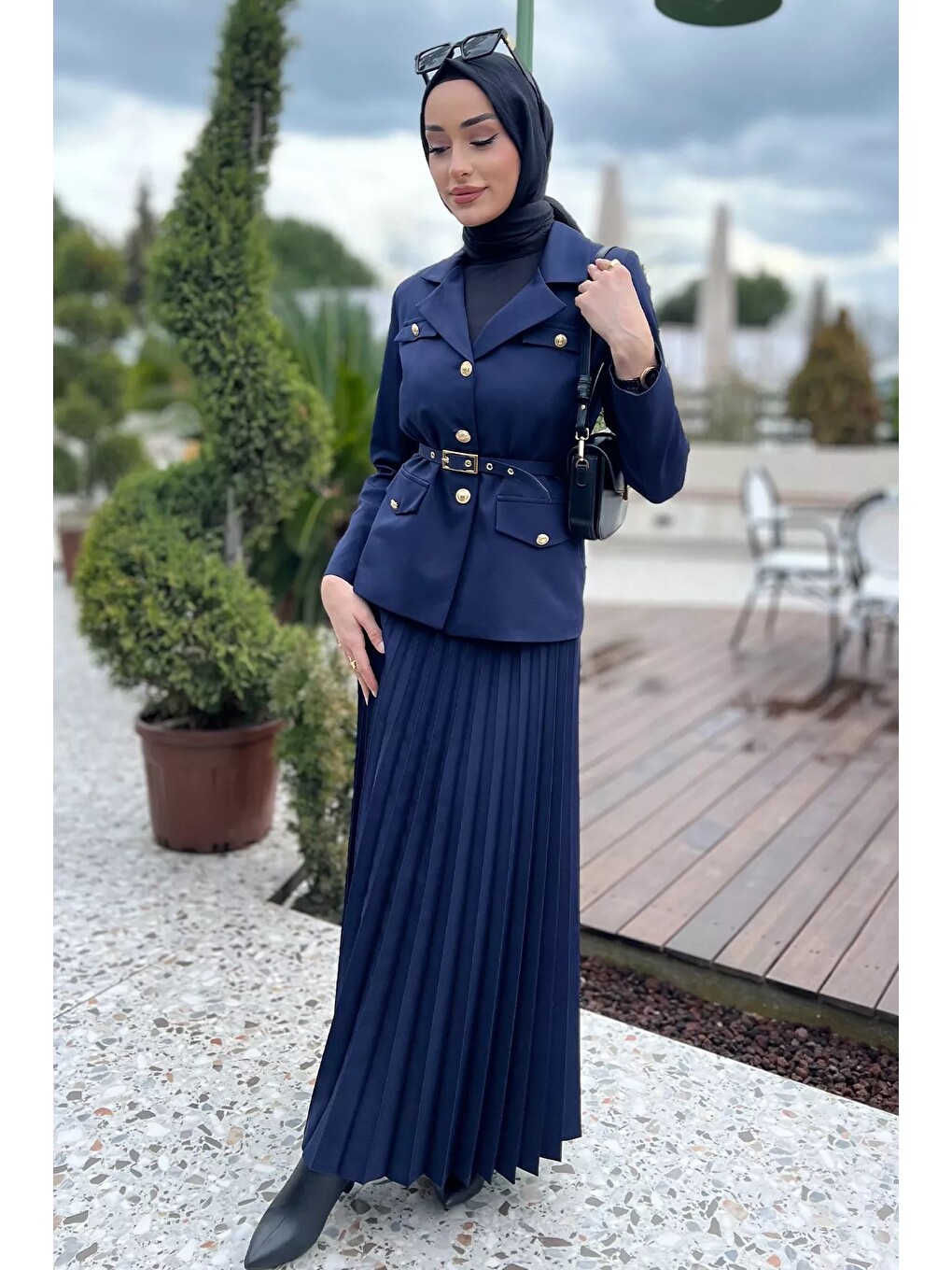 Lacivert Kadın Kemer Aksesuarlı Blazer Ceket Etek Tesettür İkili Takım-1