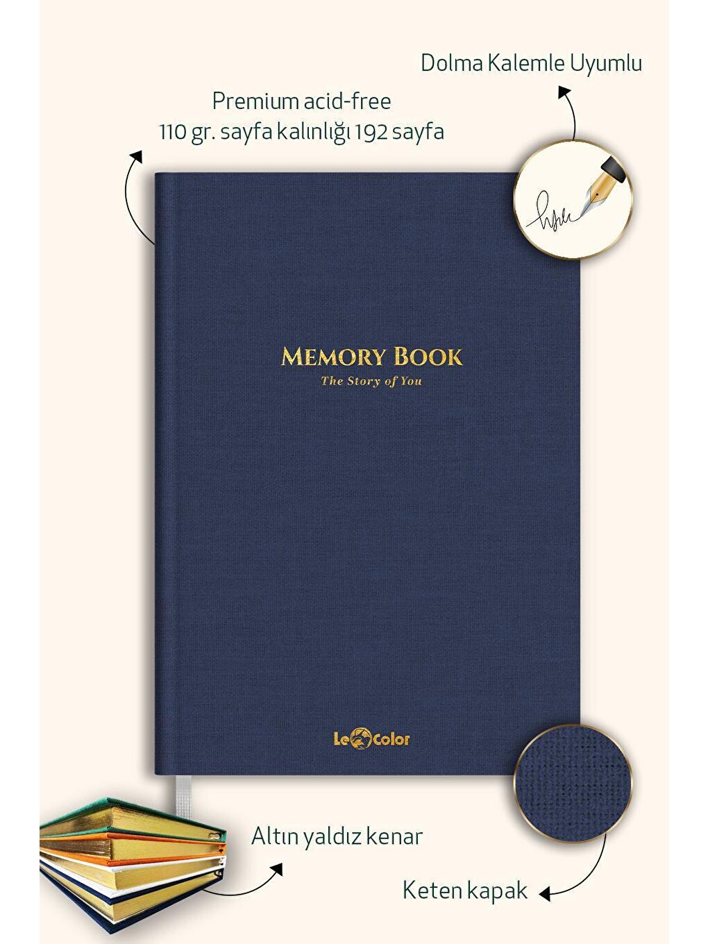 Keten Hatıra Defteri Dolma Kalem Uyumlu Altın Kenarlı Albüm Lacivert-1