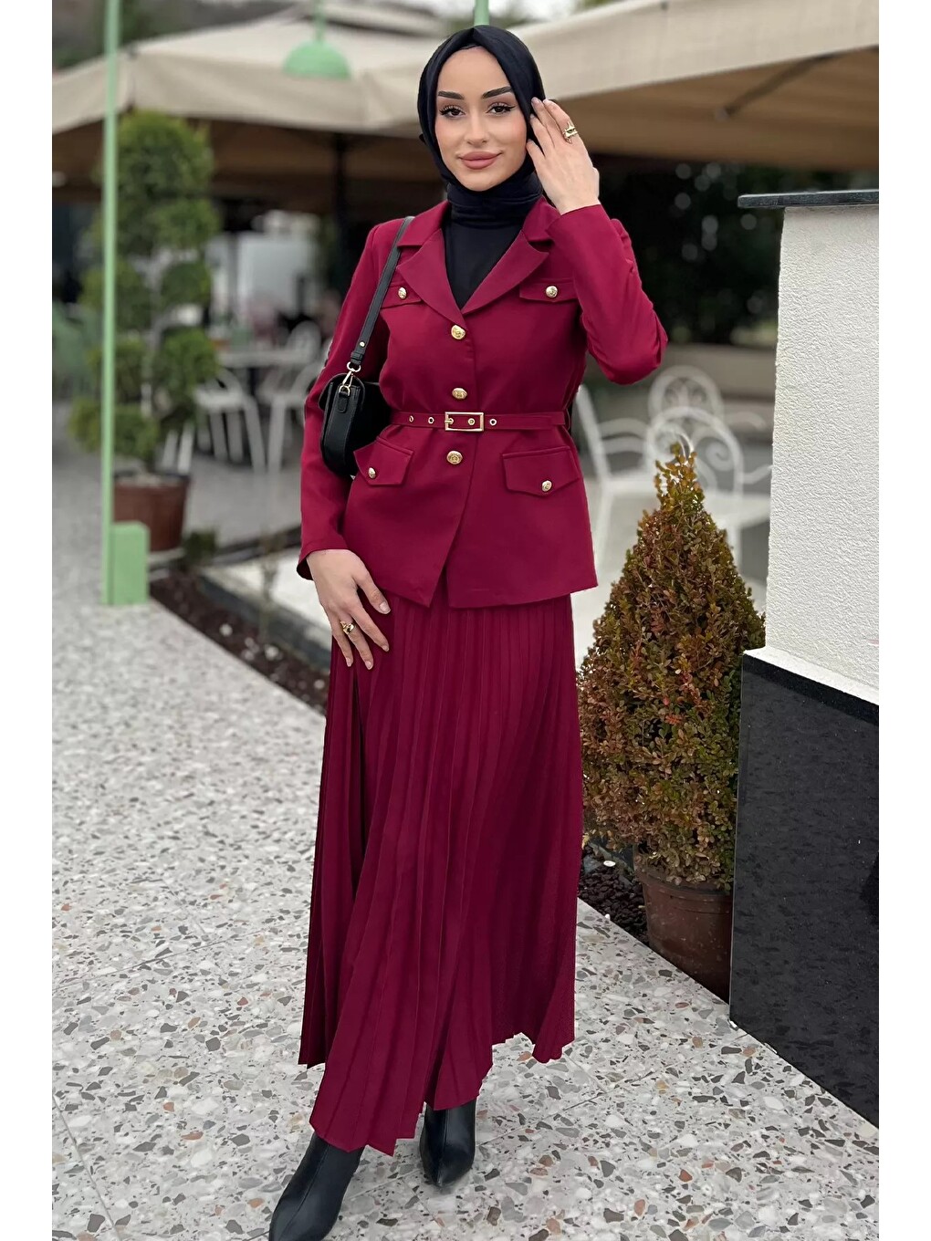 Bordo Kadın Kemer Aksesuarlı Blazer Ceket Etek Tesettür İkili Takım-1