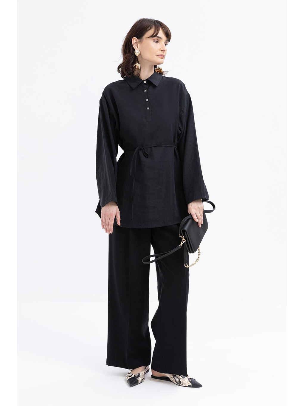 Bej Siyah-yarım Patlı Beli Bağcıklı Tunik-1