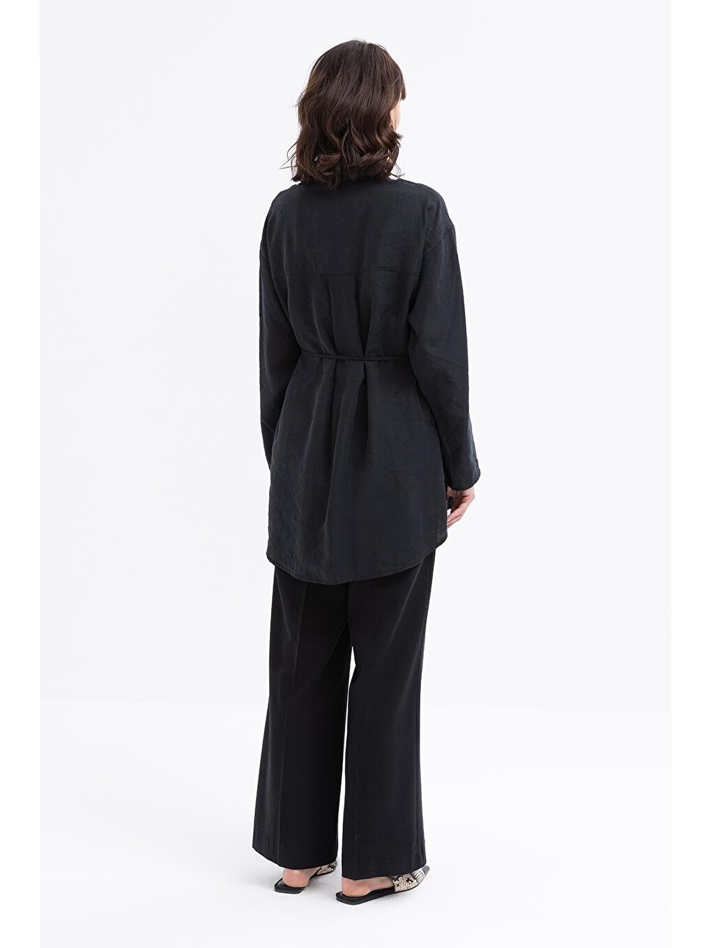 Bej Siyah-yarım Patlı Beli Bağcıklı Tunik-3