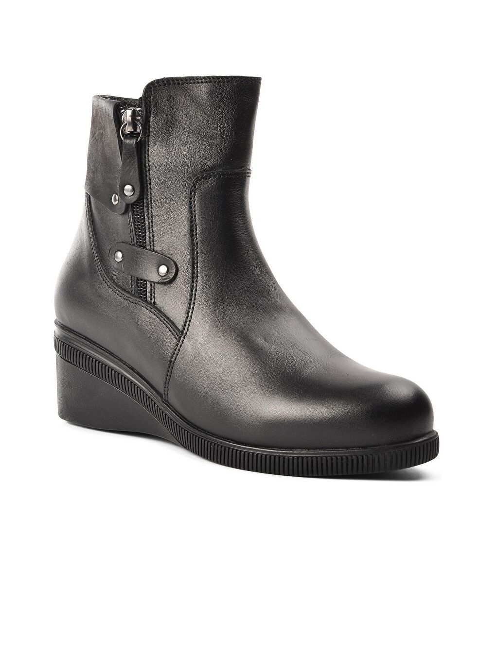 Siyah Hakiki Deri Fermuarlı Kadın Bot 8145-2