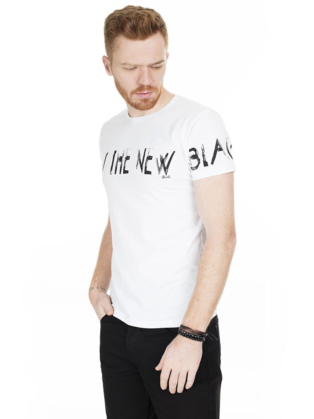 Beyaz Baskılı Bisiklet Yaka Tişört 54139-2