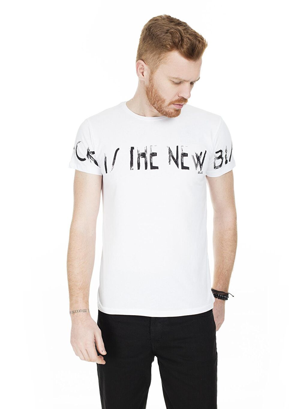 Beyaz Baskılı Bisiklet Yaka Tişört 54139-3