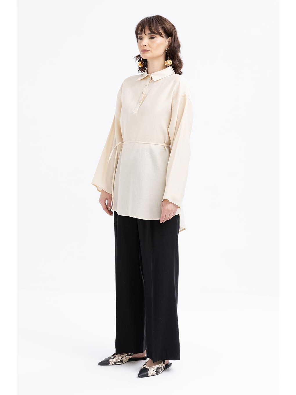 Ekru-yarım Patlı Beli Bağcıklı Tunik-2
