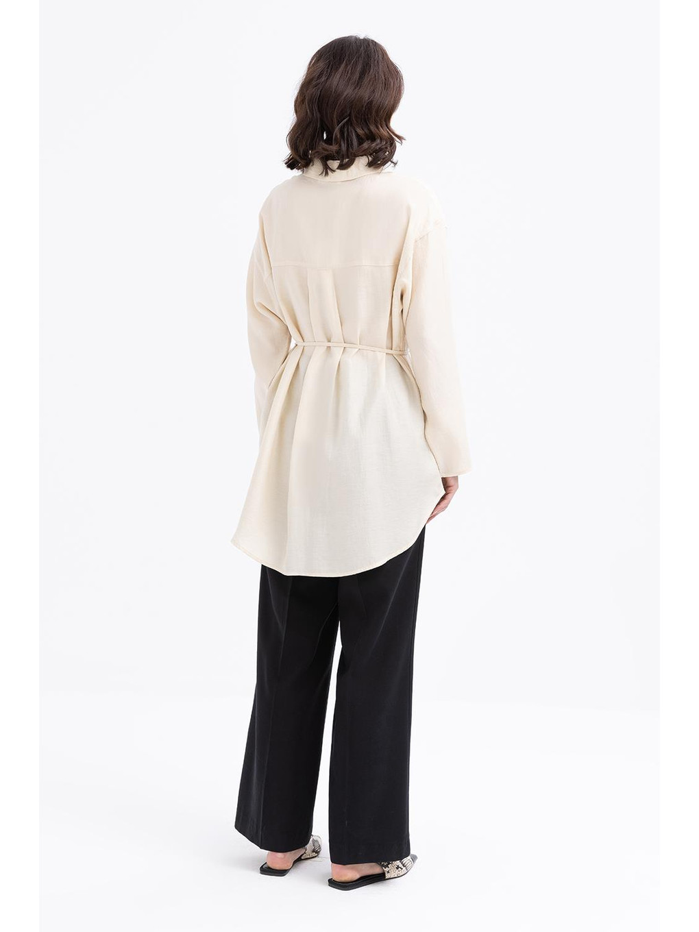 Ekru-yarım Patlı Beli Bağcıklı Tunik-3