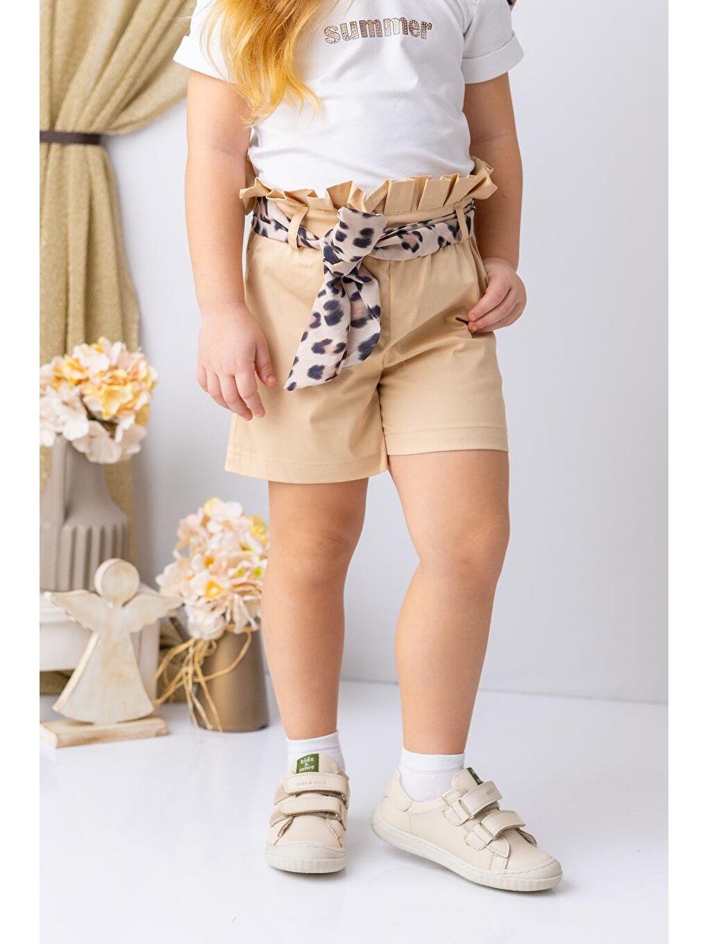 Kız Çocuk Beli Büzgülü Dokuma Şort - Bej