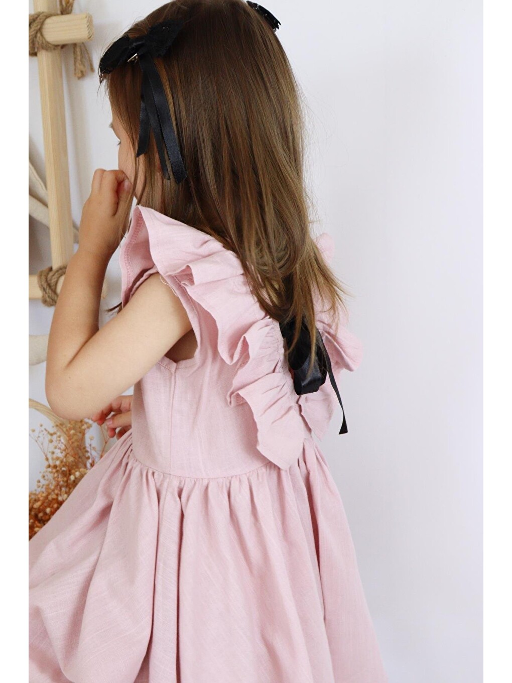 Pembe Kız Çocuk Pudra Cherry Fiyonklu Fırfırlı Elbise Toka Takım-5