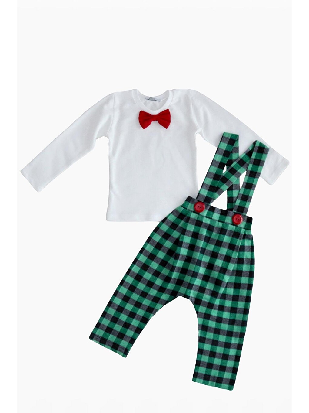 Yeşil Erkek Bebek Safir Ekose Papyolu Body Yılbaşı Takım-1