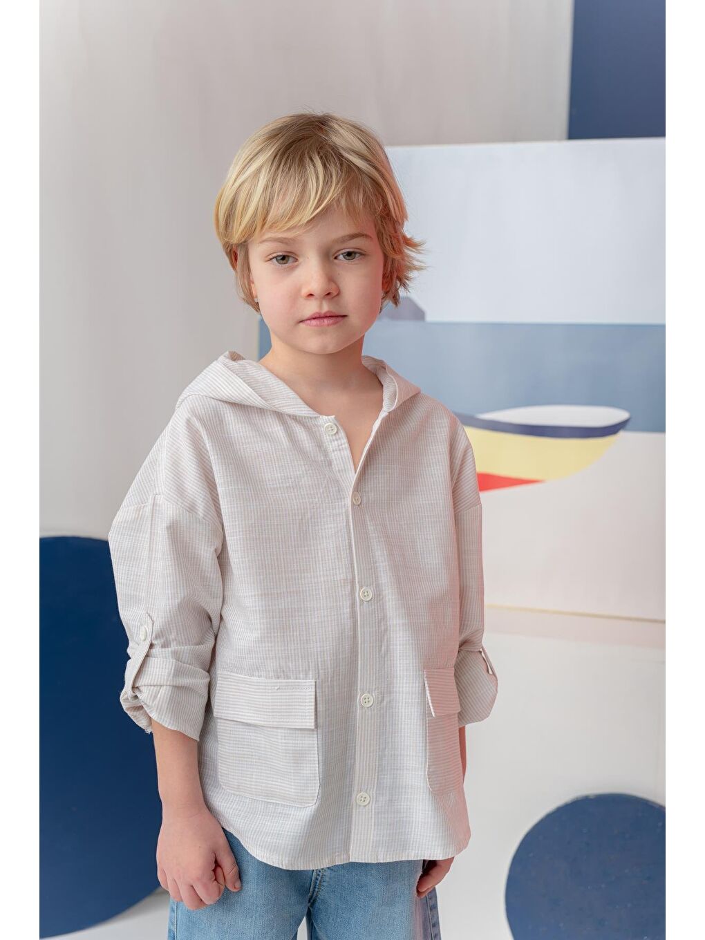 Erkek Çocuk Çizgili Keten Gömlek - Bej Çizgili