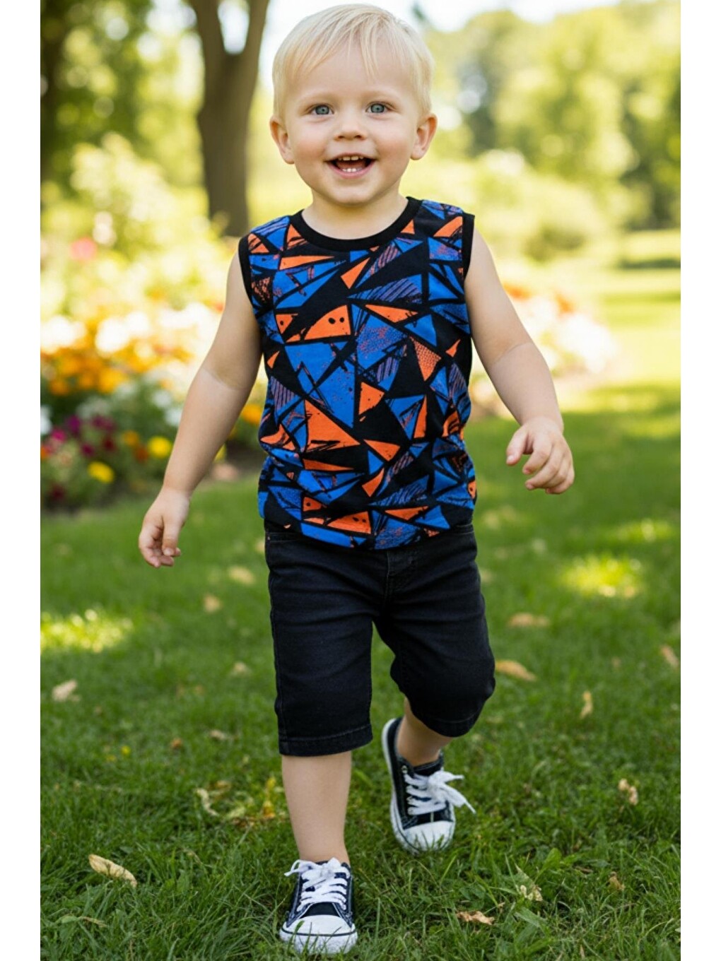 Mavi Erkek Bebek Baskılı Kolsuz Body Atlet Tshirt-2