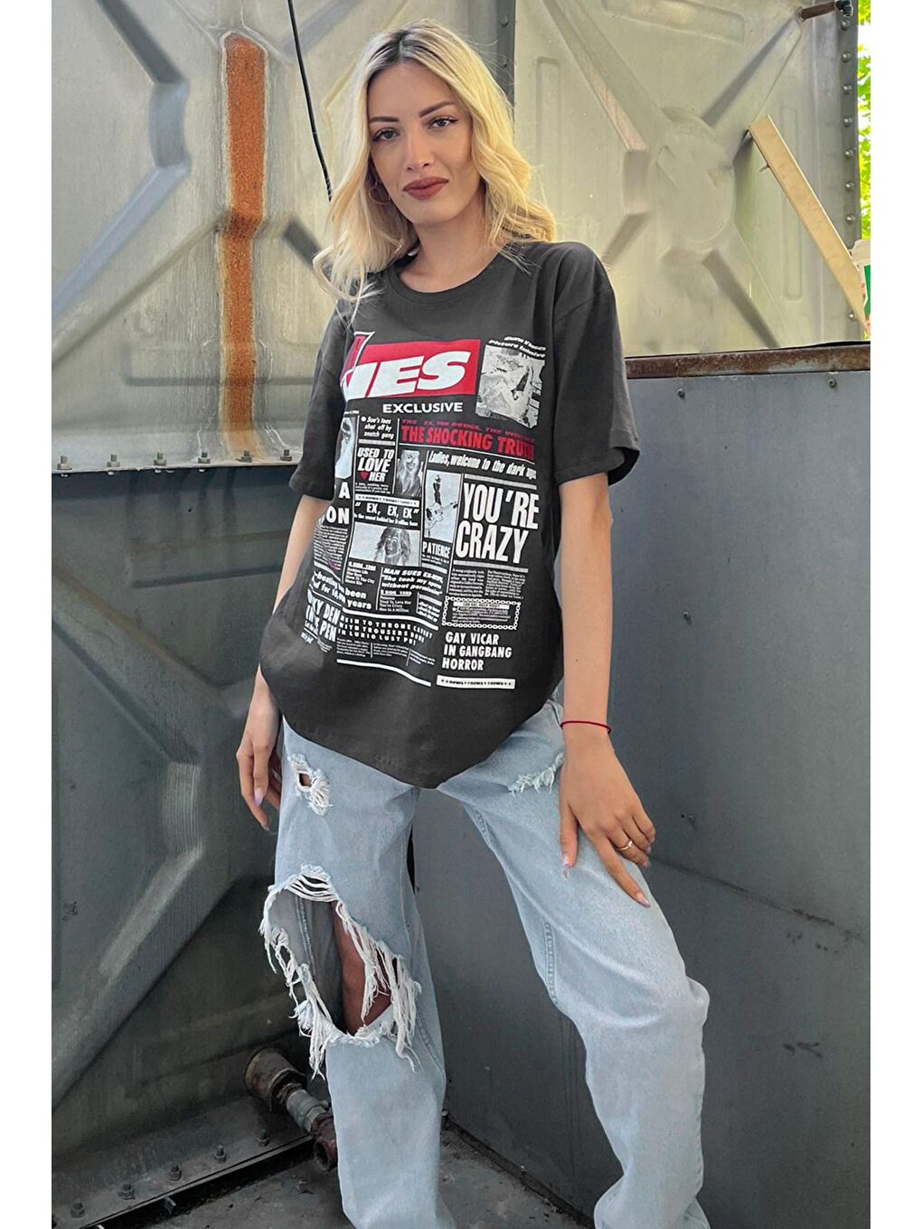 Antrasit Arka Baskılı Over Fit Kadın Tişört Mg1506-1