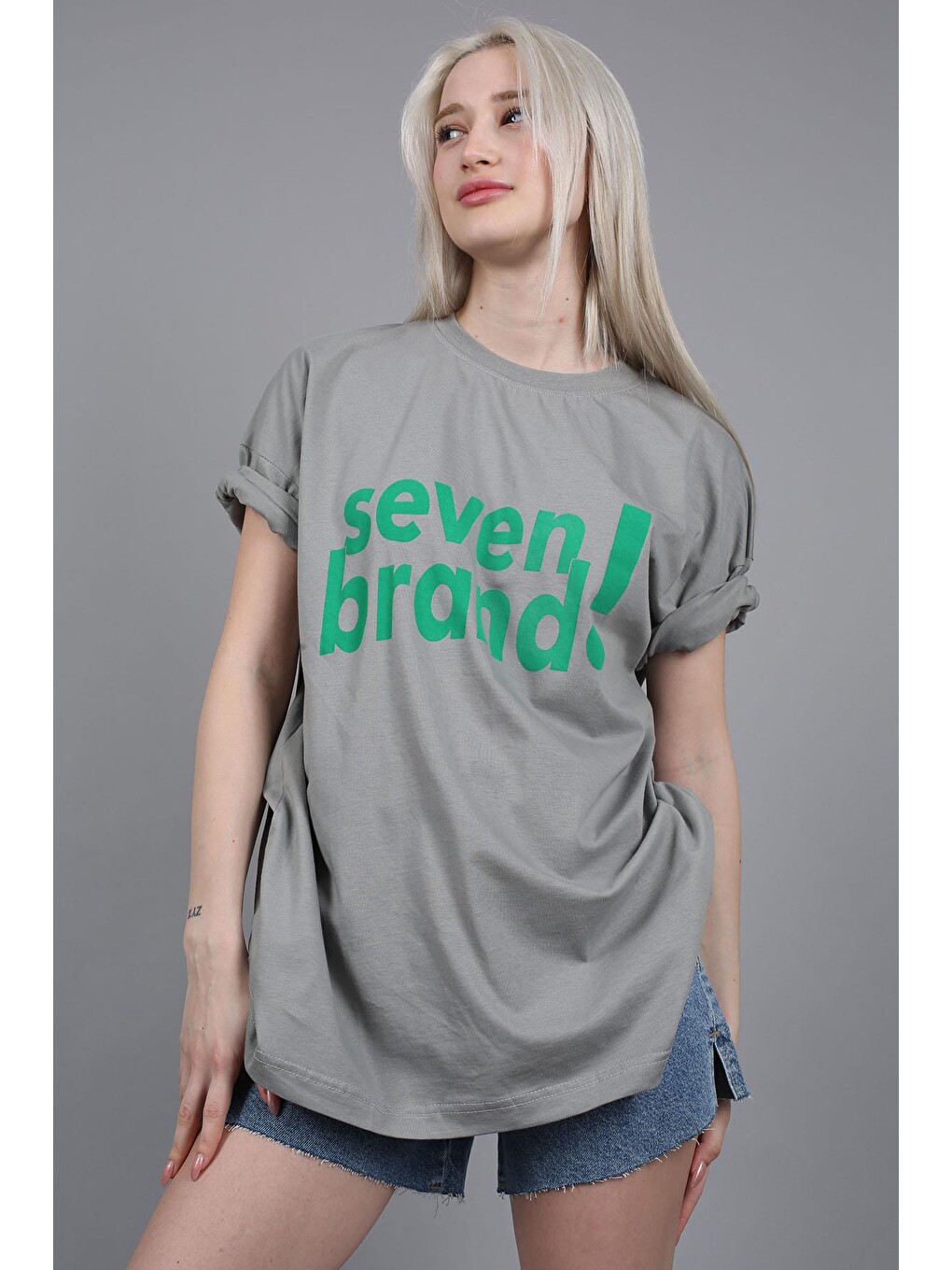 Boyalı Gri Baskılı Oversize Tişört Mg1489-1