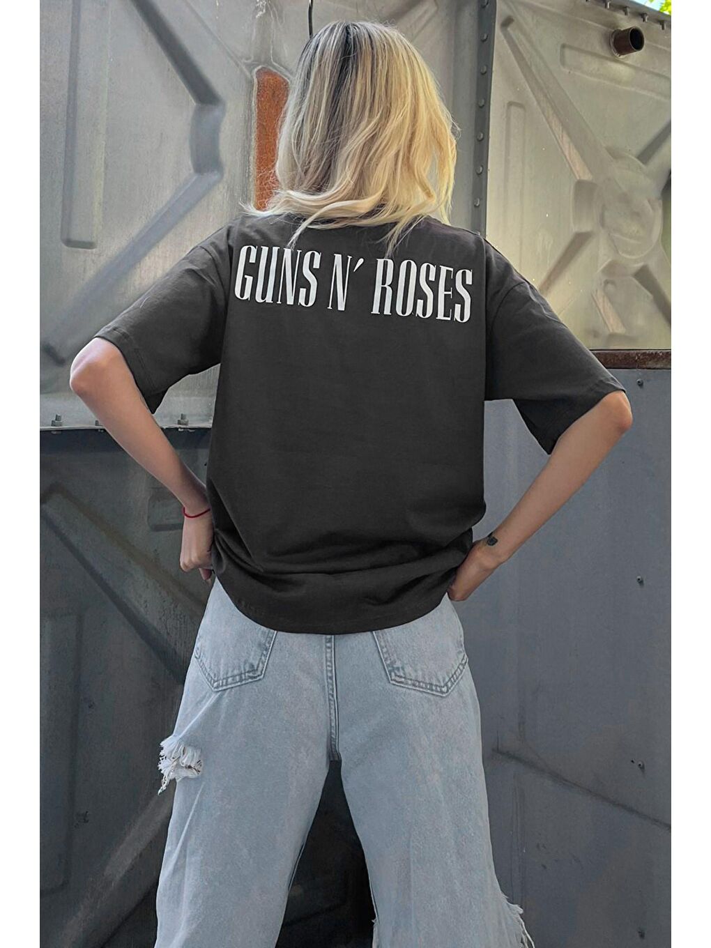 Antrasit Arka Baskılı Over Fit Kadın Tişört Mg1506-2