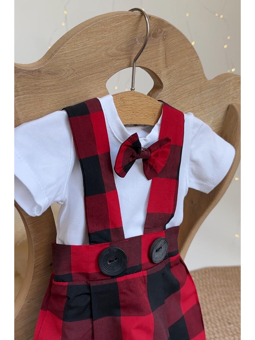 Erkek Bebek Alice Kırmızı Ekose Salopet Papyonlu Body Takım-2